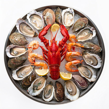 Fresh seafood platter with lobster, shrimps, mussels and oystersの素材