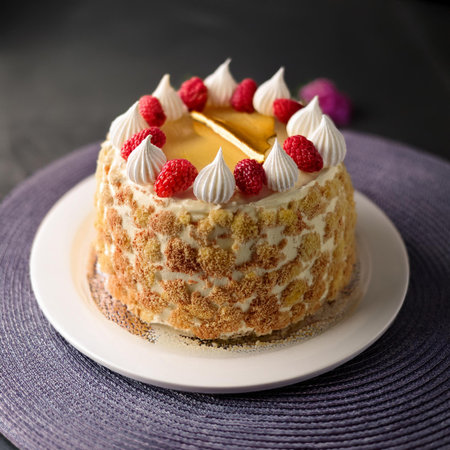 Cake with raspberries and whipped cream on a dark backgroundの素材