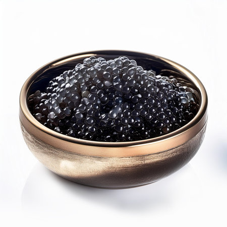 Black caviar in a golden bowl on a white background, isolateの素材