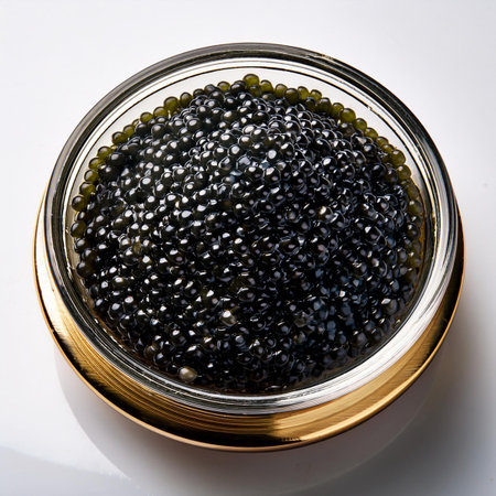 Black caviar in a glass jar on a white background close upの素材
