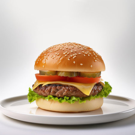 Cheeseburger on a plate isolated on a white background.の素材
