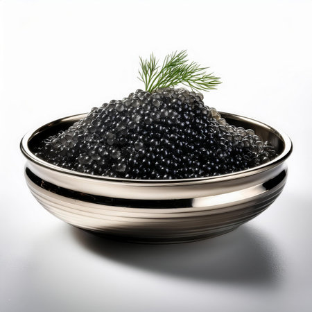 Black caviar in a bowl with dill on a white backgroundの素材