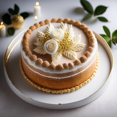 Birthday cake with flowers and candles on a white background. Selective focus.の素材