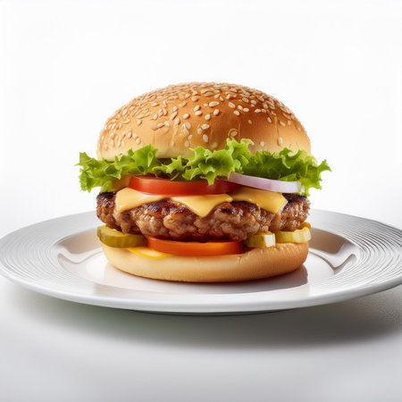 Cheeseburger on white plate isolated on white with clipping pathの素材