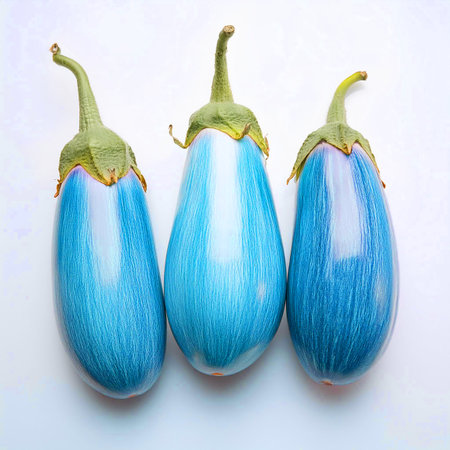 Blue eggplants isolated on white background. Flat lay, top viewの素材