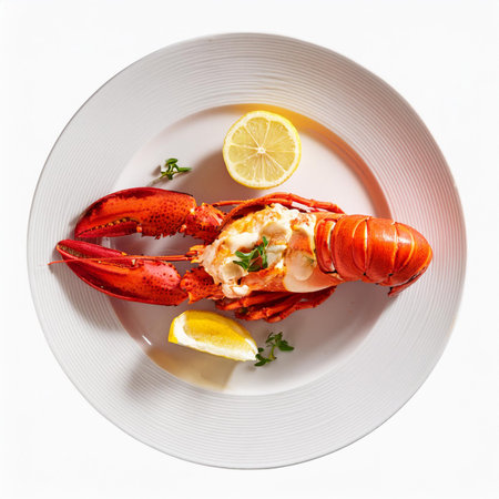 Lobster tail with lemon and parsley on a white plateの素材