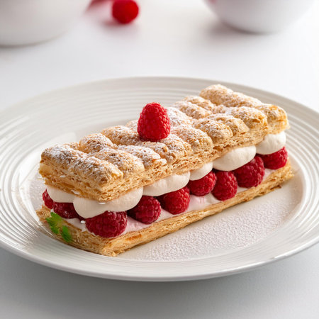 Puff pastry with raspberries and cream on a white plateの素材