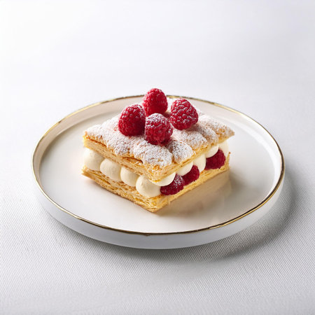 Piece of cake with raspberries and icing sugar on white plateの素材