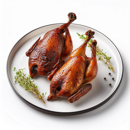 Roasted quail with thyme and pepper on a white backgroundの素材