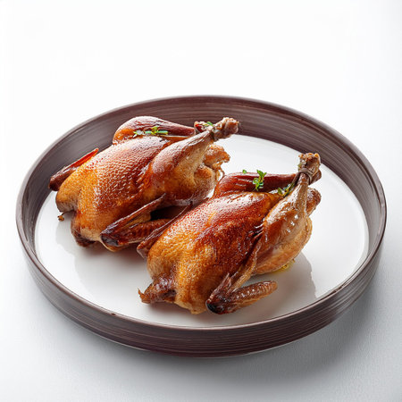 Roasted quail with lemon and thyme on a white backgroundの素材