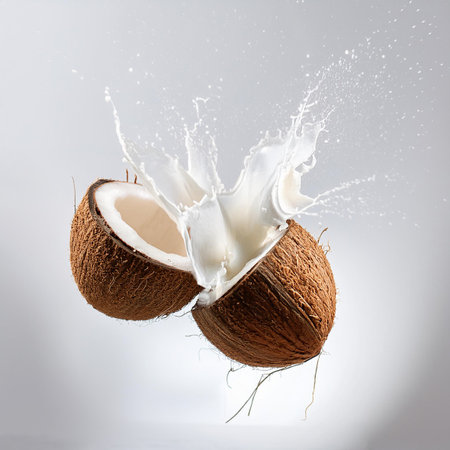 Coconut with milk splash isolated on white background. Clipping pathの素材