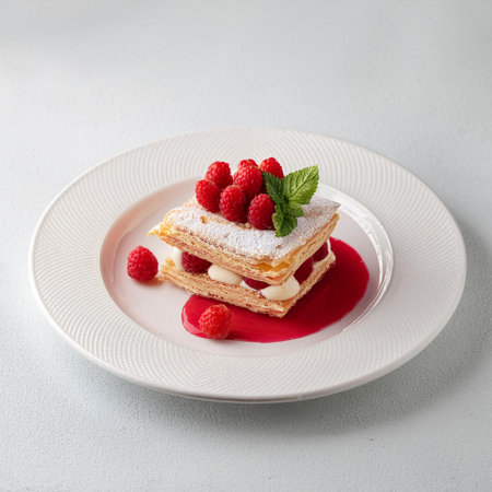 Piece of cake with raspberries and mint on white plateの素材