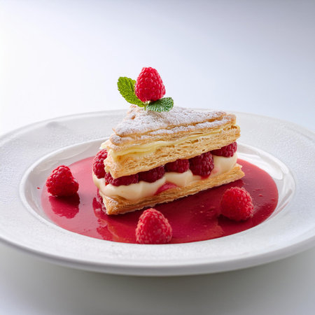 Piece of raspberry cake with whipped cream and fresh raspberriesの素材