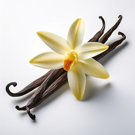 Vanilla pods and flower isolated on white background. Top view.の素材