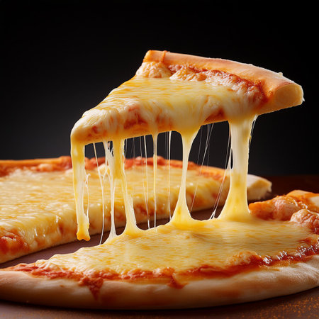 Slice of pizza with melted cheese on black background, closeupの素材