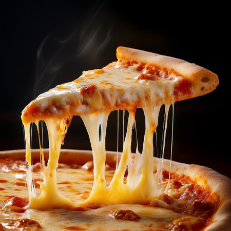 Pizza with melted cheese on a black background. Close-up.の素材