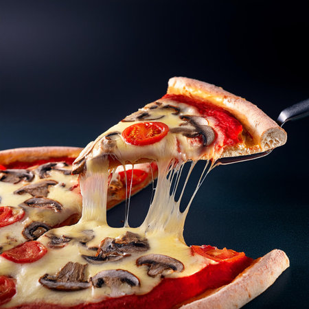 Pizza with mushrooms and cheese on a black background. Close-up.の素材