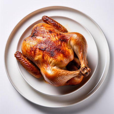 Roasted whole chicken on a white plate isolated on white background.の素材