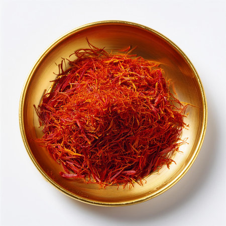 Dried saffron in golden bowl isolated on white background.の素材