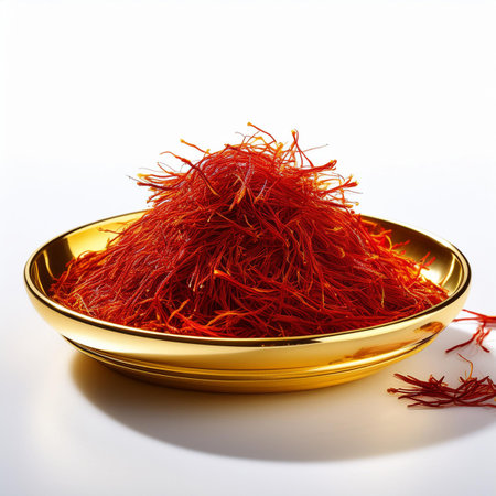 Saffron threads in golden bowl isolated on white background with clipping pathの素材