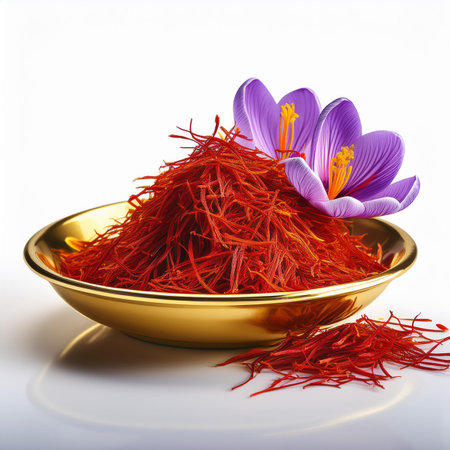 Saffron flower and saffron petals in golden bowlの素材