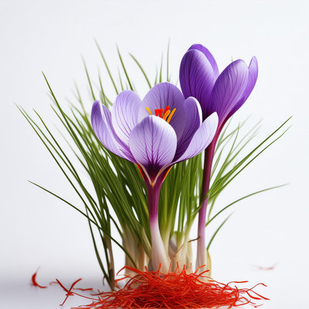 Purple crocus flowers isolated on white background. Spring concept.の素材