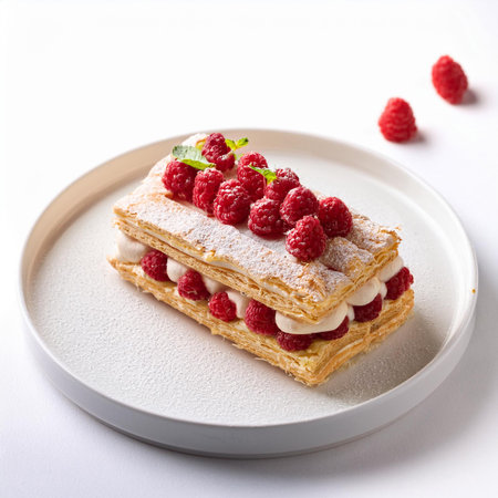 Puff pastry with raspberries and cream on a white plateの素材
