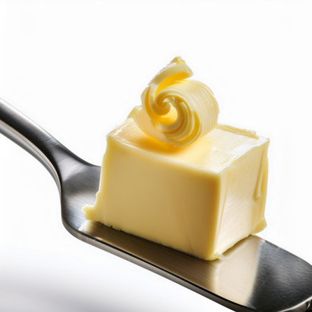 Piece of butter on a fork, isolated on white background.の素材