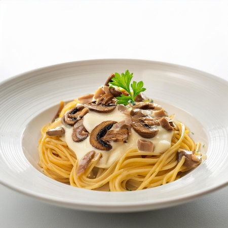 Spaghetti with mushrooms and cream sauce on a white plate, closeupの素材