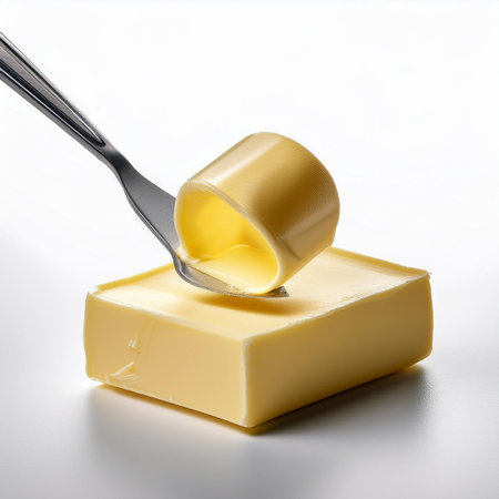 A piece of butter with a fork on a white background, close-upの素材
