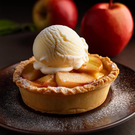 Delicious apple tart with vanilla ice cream and fresh apples on dark backgroundの素材