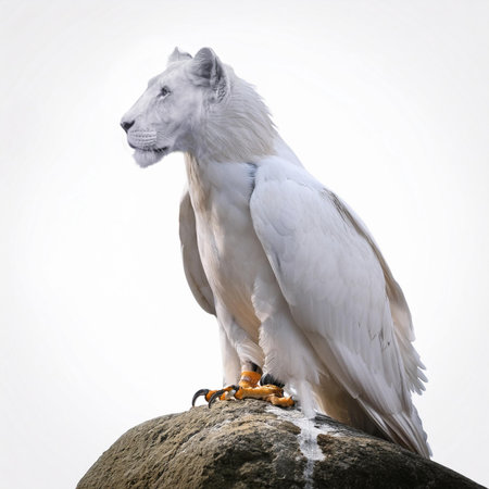 White lion sitting on a rock, isolated on a white background.の素材