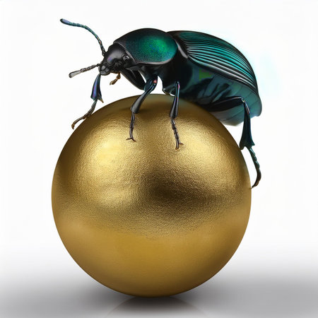 3D render of an emerald beetle sitting on a golden eggの素材