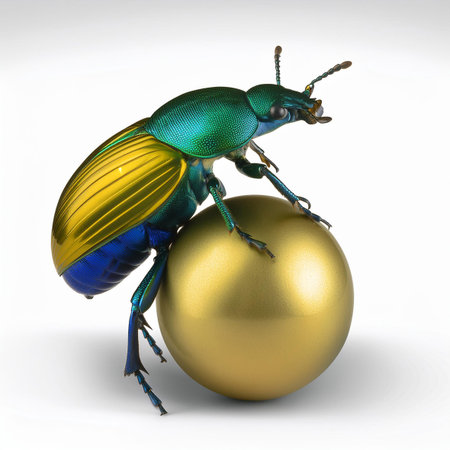 3D rendering of a green beetle and golden egg on white backgroundの素材