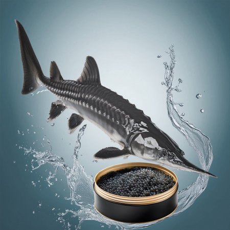 Sturgeon fish with caviar in open can on blue backgroundの素材