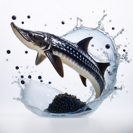 Sturgeon fish with black caviar and water splash on white backgroundの素材