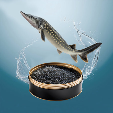 Fish caviar in can on blue background. 3D illustration.の素材