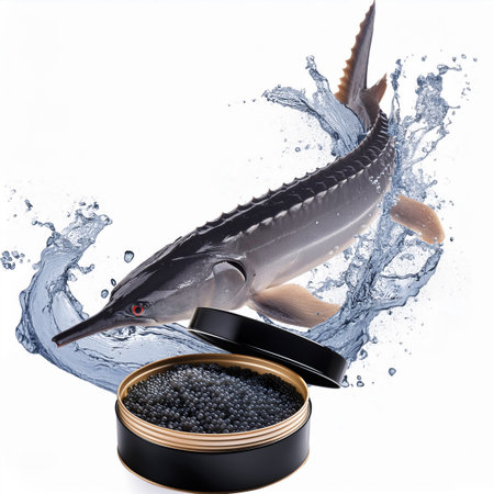 Sturgeon fish with caviar in a can isolated on white backgroundの素材