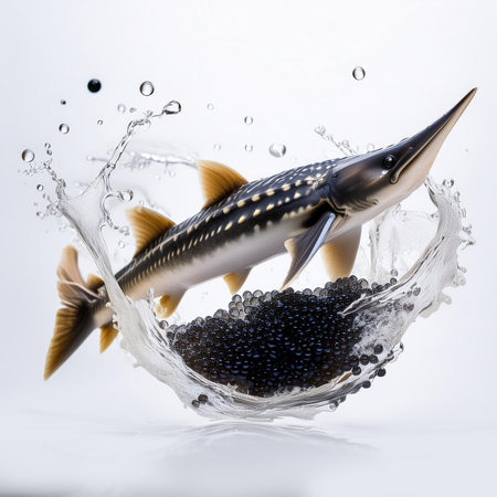 Sturgeon fish and caviar in water on a white backgroundの素材