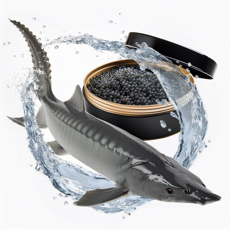 Sturgeon and caviar in a can with water splashesの素材