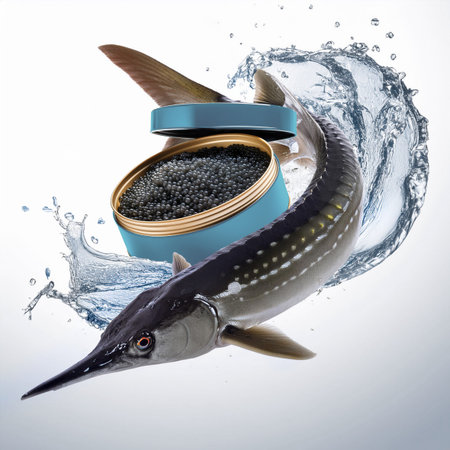 Fish and caviar in a blue container on a light background.の素材