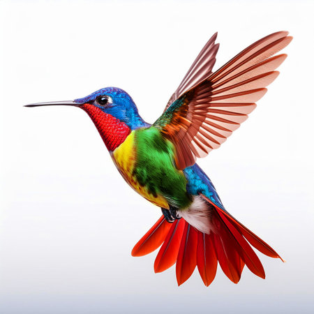 Colorful hummingbird isolated on white background. Wildlife scene from tropical jungle. Hummingbird flying with open wings. Wildlife scene from tropical jungle. Exotic bird in flight.の素材