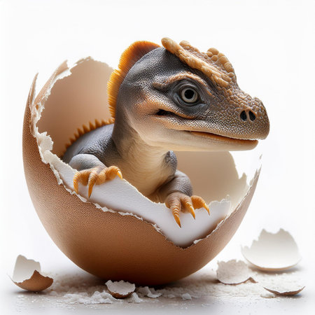 Cute little dinosaur in an egg shell isolated on white background.の素材