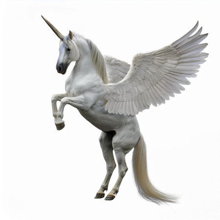 White unicorn isolated on white background. Side view. 3d renderingの素材