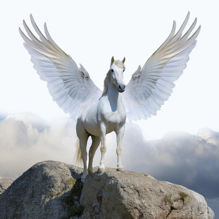 White horse on the top of a rock with wings spread in the skyの素材