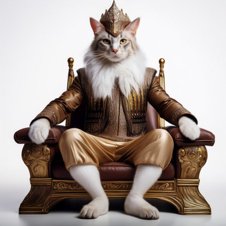 Portrait of a cat wearing a golden crown sitting on a chairの素材