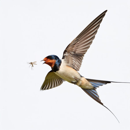 Barn Swallow (Hirundo rustica) in flight with a nestlingの素材