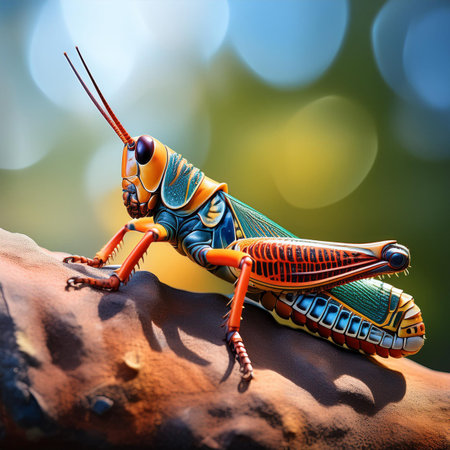 Colorful Grasshopper on the rock with bokeh backgroundの素材