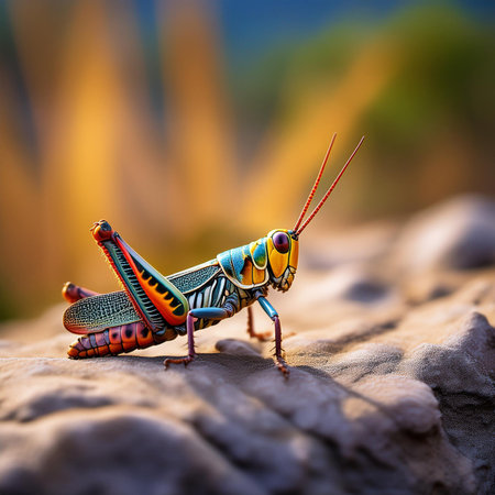 Macro image of a grasshopper sitting on a rock.の素材