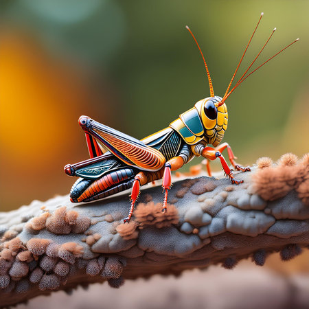 Grasshopper sitting on a piece of wood. 3d illustrationの素材